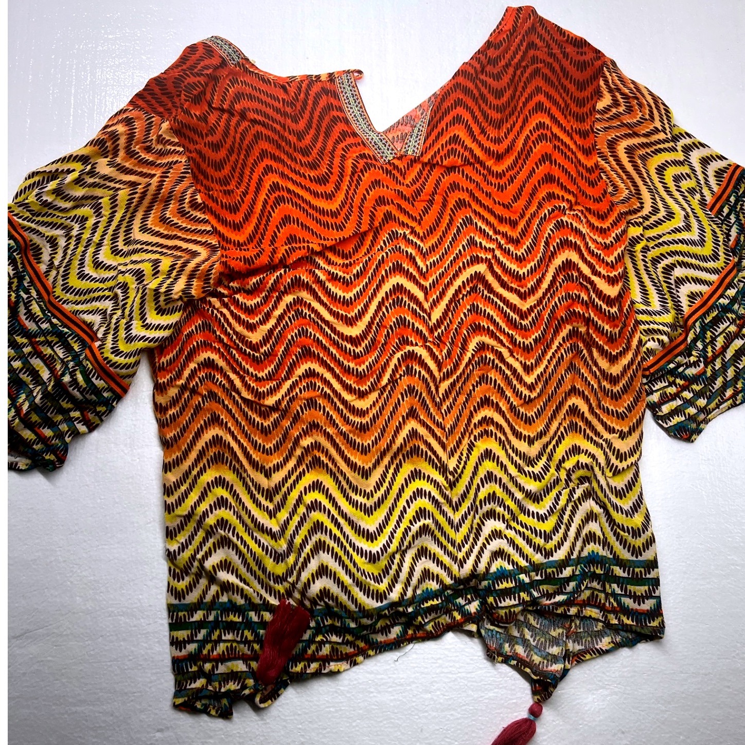 Democracy Flowy Boho Sunset Colorsyellow Chevron Tassel Kimono Top Boho Bohemian